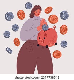Cartoon vector illustration of Tiny Female Character Collect Golden Coins into Huge Glass Jar. Woman Make Savings, Collecting Money in Account, Open Bank Deposit.