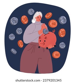 Cartoon Vektorgrafik von Tiny Female Character Sammle Golden Coins in riesiges Glas Jar. Frauen sparen, Geld auf Konten sammeln, Open Bank Deposit. Haushaltswirtschaft der Familie