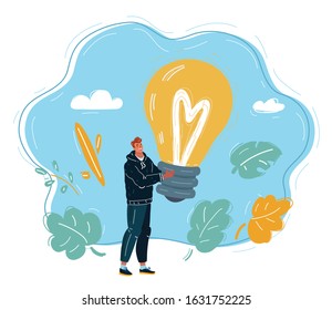 Cartoon vector illustration of tiny man with big light bulb in his hands. Idea and solution concept.