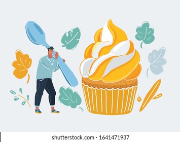 Cartoon vector illustration tiny man try to eat giant cake with huge spoon. Bakery concept. Tasty delicious dessert. Dessert, pastry shop, overeating, foodism concept. Human character on dark.