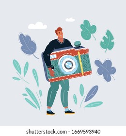 Cartoon vector illustration of tiny man with big camera in his hands.