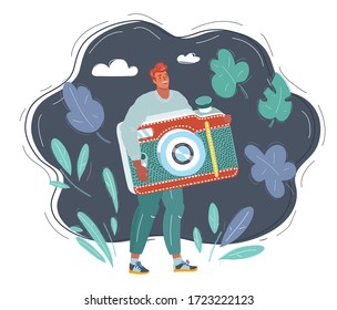 Cartoon vector illustration of tiny man with photo camera in his hands on dark background.