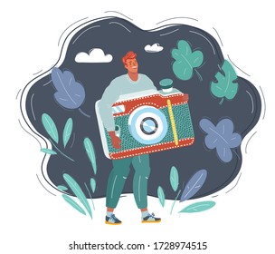 Cartoon vector illustration of tiny man with photo camera in his hands on dark background.