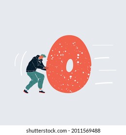Cartoon vector illustration of tiny man pulls big number 0 zero sign. Character and object on white isolated background.