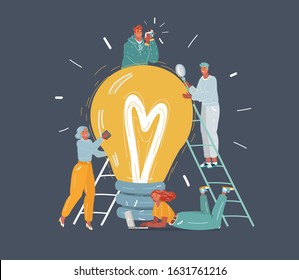 Cartoon vector illustration of tiny people team with big light bulbs. Concept of effective teamwork. Idea, solution, start up concept.