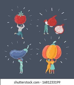 Dibujo vectorial de personas diminutas con grandes verduras sobre fondo oscuro. Oberenjena, cebolla, calabaza, tomate