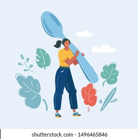 Cartoon vector illustration of tiny woman standing with big spoon in her hands.