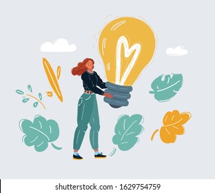 Cartoon vector illustration of tiny woman hold big Light Bulb. Creative Idea, Imagination, Innovation.