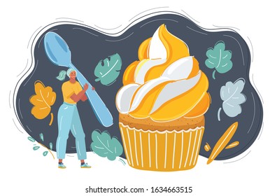 Cartoon vector illustration of tiny woman standing with spoon near admiring a big giant fancy dessert cupcake. Human character on dark background.