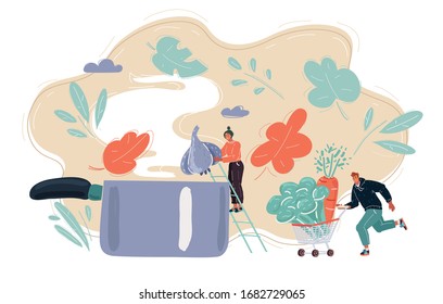 Cartoon Vector Illustration Of Tiny Woman Cooking. She Throws Garlic Into A Big Pan. Man Help Her, Picking Up Vegetables In A Supermarket Cart