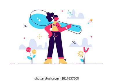 Cartoon vector illustration of tiny woman standing with big spoon in her hands. Flat style modern design vector illustration for web page, cards, poster