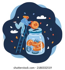 Cartoon vector illustration of Tiny woman Collect Golden Coins into Huge Glass Jar. Woman Make Savings, Collecting Money in Account, Bank Deposit. Finance Budget Economy Concept over dark background