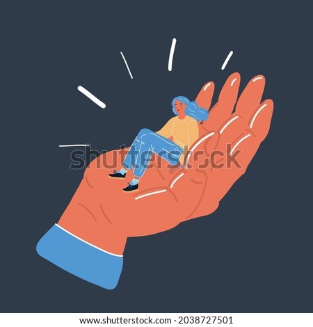 Cartoon vector illustration of tiny woman sit ig mother s palm hand. Support love and dependence concept on dark backround.