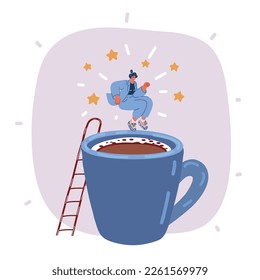 Cartoon vector illustration of Tired Exhausted Sleepy Woman Is Jumping Into A Big Cup Of Coffee