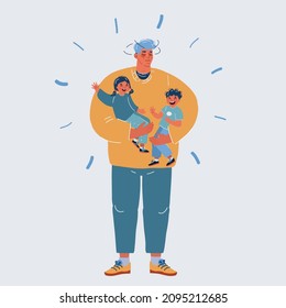 Cartoon Vector Illustration Of Tired Father Carrying A Crying Children. Two Kids. Son And Daughter. Man Hold Boy And Girl.