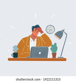 Cartoon vector illustration of tired man, who touch him forehead with him hand. Character sitting at desk. Tiered, illness, fever head ache and exhausted people at office concept on white background.