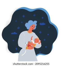 Cartoon Vector Illustration Of Tired Mother Holding A Crying Baby At Night