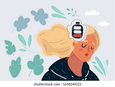 Cartoon Vector Illustration Of Tired Woman With Battery In The Head