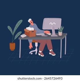 Cartoon vector illustration of Tired young attractive man sleeps at work placeover dark background