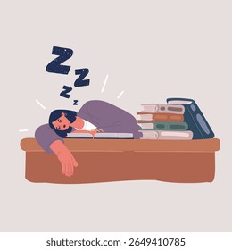 Cartoon vector illustration of Tired young woman student sleeping on table during reading for examination at home concept of overworked, knowledge and exam problem