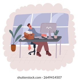 Cartoon vector illustration of Tired young black businessman sleeping on his desk in front of laptop, overworking, feeling exhausted at office, full length. Employee suffering from fatigue 