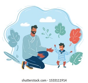 Cartoon vector illustration of toddler little boy son try to walk in her father's hands. Family concept. Human character on blue background.