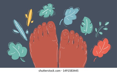 Cartoon vector illustration of Toes and feet. Object on dark backgound.