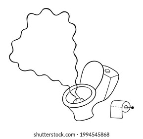 Cartoon vector illustration of toilet seat and disgusting urine smell. Black outlined and white colored.