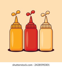 cartoon vector illustration of tomato ketchup, mayonnaise, and mustard.