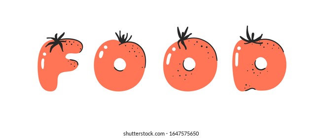 Cartoon Vektorillustration Illustration Tomatos ABC. Handgezeichnete Schrift mit veganischem Essen und Wort. vegetarisches Alphabet der kreativen Kunst 