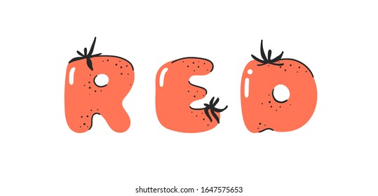 Cartoon vector illustration tomatos  ABC. Hand drawn font with vegan food and word RED. Actual Creative art vegetarian alphabet 