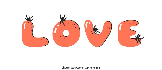 Cartoon vector illustration tomatos  ABC. Hand drawn font with vegan food and word LOVE. Actual Creative art vegetarian alphabet 