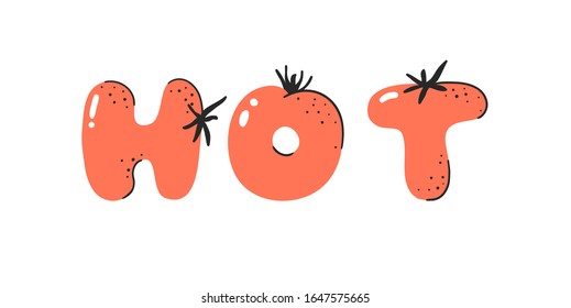 Cartoon vector illustration tomatos  ABC. Hand drawn font with vegan food and word HOT. Actual Creative art vegetarian alphabet 