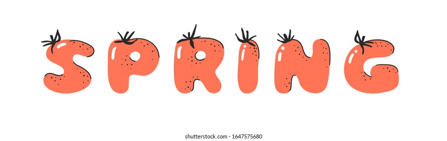 Cartoon vector illustration tomatos  ABC. Hand drawn font with vegan food and word SPRING. Actual Creative art vegetarian alphabet 