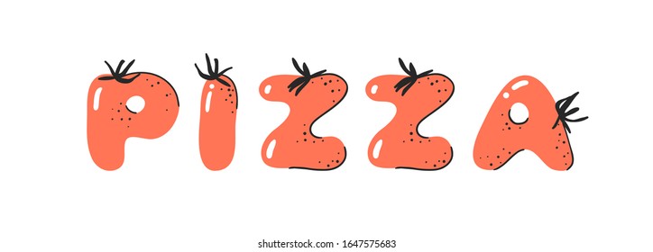 Cartoon vector illustration tomatos  ABC. Hand drawn font with vegan food and word PIZZA. Actual Creative art vegetarian alphabet 