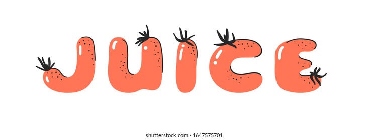 Cartoon Vektorillustration Illustration Tomatos ABC. Handgezeichnete Schriftart mit veganischem Essen und Wort JUICE. vegetarisches Alphabet der kreativen Kunst 