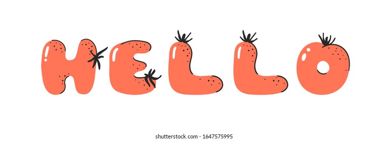 Cartoon vector illustration tomatos  ABC. Hand drawn font with vegan food and word HELLO. Actual Creative art vegetarian alphabet 