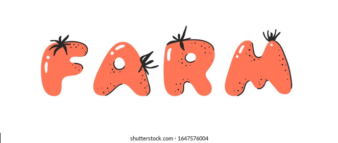 Cartoon vector illustration tomatos  ABC. Hand drawn font with vegan food and FARM. Actual Creative art vegetarian alphabet 