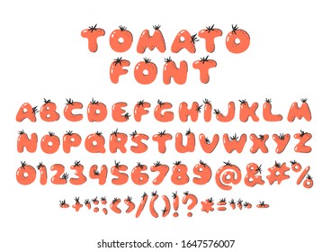 Cartoon vector illustration tomatos  ABC. Hand drawn font with vegan food. Actual Creative art vegetarian alphabet 