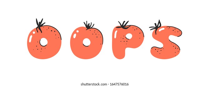 Cartoon vector illustration tomatos  ABC. Hand drawn font with vegan food and word OOPS. Actual Creative art vegetarian alphabet 