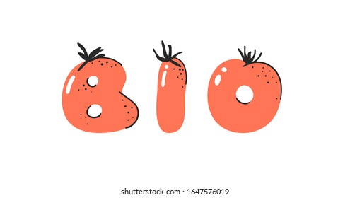 Cartoon vector illustration tomatos  ABC. Hand drawn font with vegan food and word BIO. Actual Creative art vegetarian alphabet 