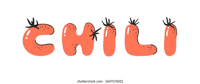 Cartoon vector illustration tomatos  ABC. Hand drawn font with vegan food and word CHILI. Actual Creative art vegetarian alphabet 