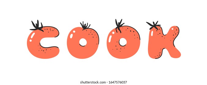 Cartoon Vektorillustration Illustration Tomatos ABC. Handgezeichnete Schrift mit veganischem Essen und COOK. vegetarisches Alphabet der kreativen Kunst 