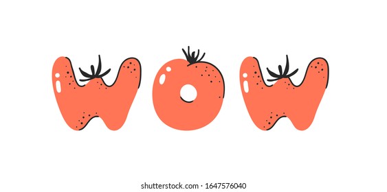 Cartoon vector illustration tomatos  ABC. Hand drawn font with vegan food and WOW. Actual Creative art vegetarian alphabet 