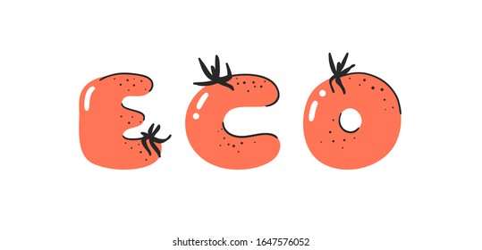 Dibujo vectorial de dibujos tomates ABC. Fuente dibujada a mano con comida vegana y palabra ECO. Alfabeto vegetariano de arte creativo 