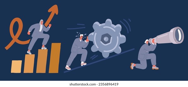 Cartoon vector illustration of Tool. Service, icon concept. Work tools Man try to push gear, woman making investigation with binocular, woman step up, level grown over dark background