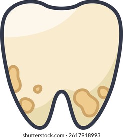 Cartoon vector illustration of a tooth stained with yellow tartar and plaque. Poor oral hygiene concept
