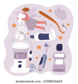 Ilustración vectorial de dibujos animados del conjunto de iconos del cepillo de dientes. Limpieza de dientes.cepillos de dientes eléctricos o convencionales. Iconos de cuidado dental. Dolor de muelas. Atención de salud. Irrigator, cepillo eléctrico, botellas 