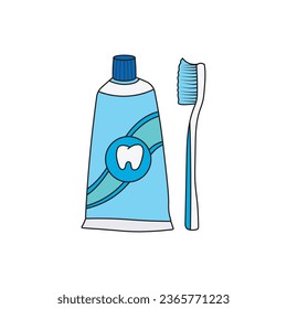 caricatura Icono de dentífrico y cepillo de dientes ilustración vectorial en estilo doodle