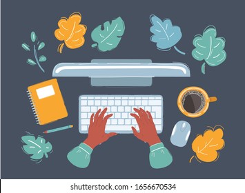 Cartoon vector illustration of top view of work place. Hands are typing on keyboard. Display, cup of coffee on desk, notebook and pencil.